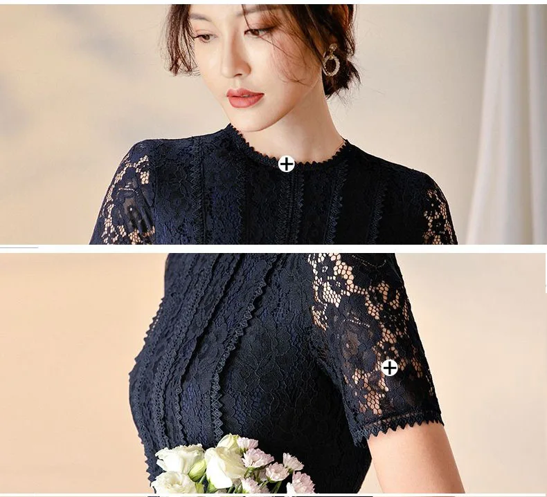 Temperament Lady Dress 2023 Summer One Piece Slim Waist O Neck Hollowed Out Lace Short Sleeve Black Dress Elegant Women Clothes