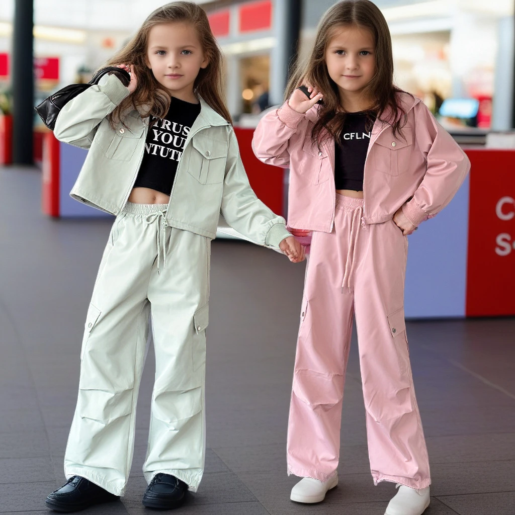 

2025 Spring Kids Outfits Set Casual Hooded Jacket Cargo Pants 2-Pieces Teens Girls Tracksuit Loose Children Clothing 10 12 14 Y