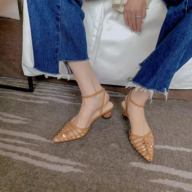 2022 Summer Pointed Toe Hollow Women Shoes Fashion Women Leather Slingbacks Pumps Wedding Bridal High Heeled Shoes