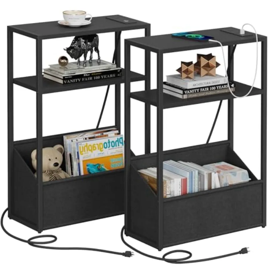 

Narrow Small Side Table Nightstand Set of 2 with Charging Station End Table with Storage Bedside Table for Small Space Livingro