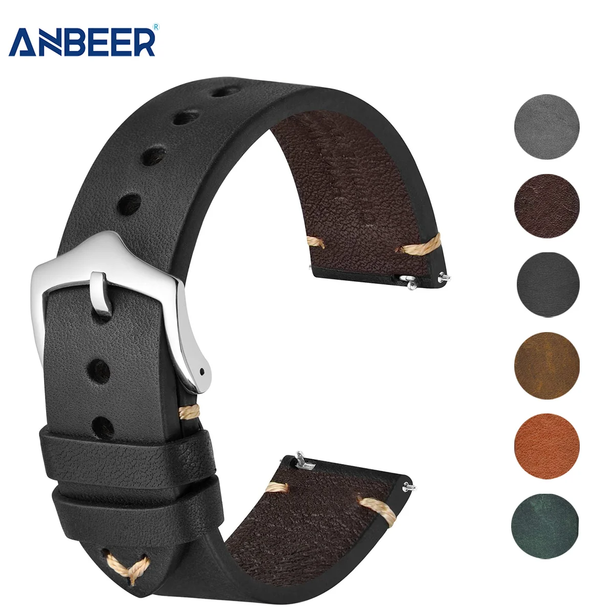

ANBEER Retro Style Leather Watch Strap 18mm 20mm 22mm Military Watch Strap for Men Suitable for traditional watches