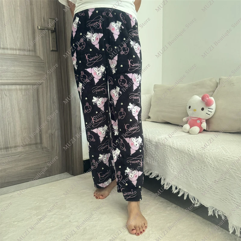 Sanurgente-Pantalon Hello Kitty pour femme, pyjama de dessin animé mignon, velours élastique doux, FJM confortable, pantalon pour la maison, cadeaux