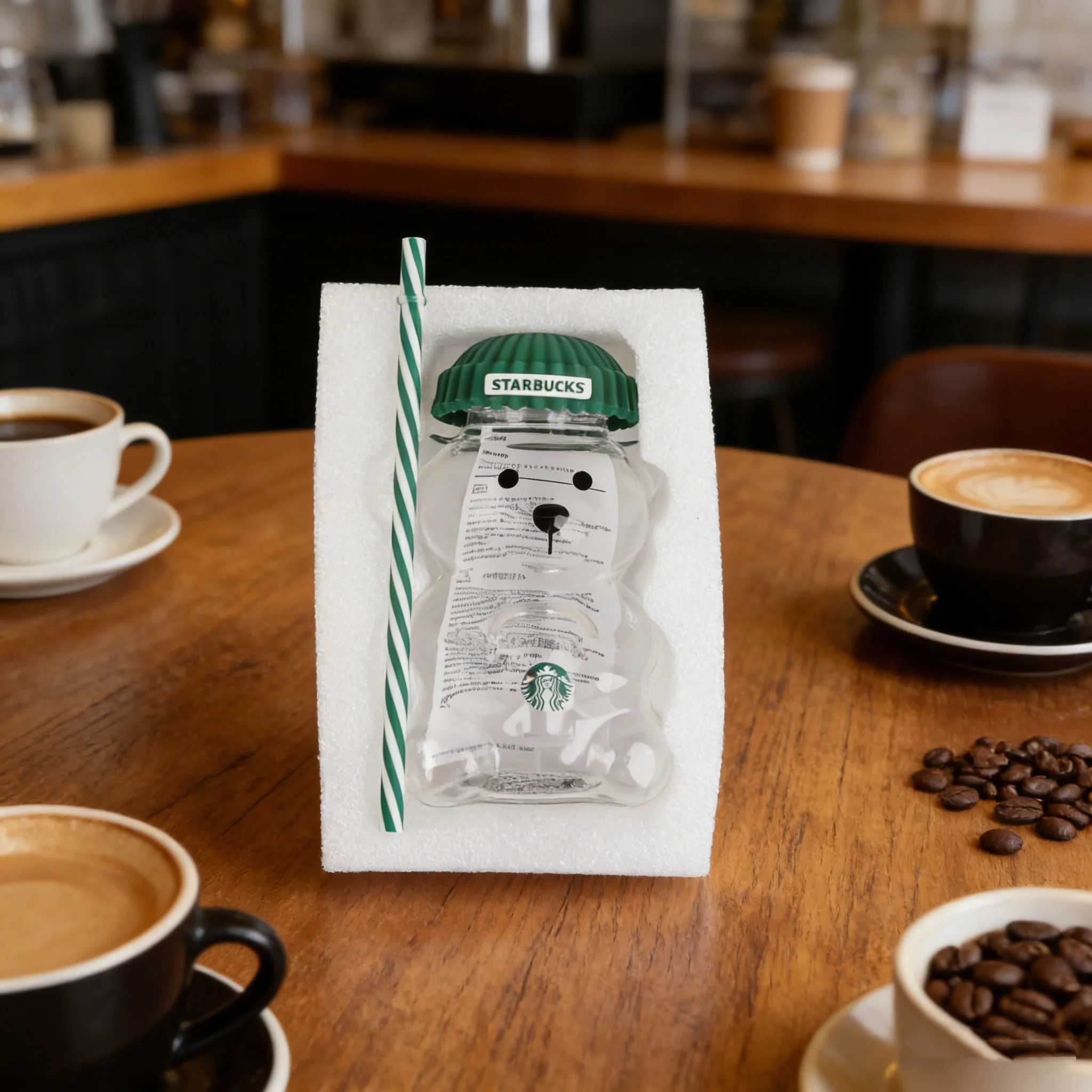Gift Starbucks Bearista Bear Glass Tumbler 591ml Green Lid Straw Iced Coffee Home Café