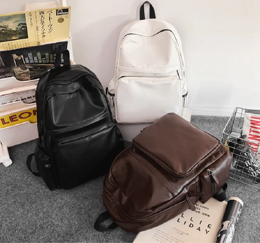 

New Korean Men Women Large Capacity Laptop School Bag Soft Leather Double Zipper Shoulder Bags Casual Travel Backpack Totes