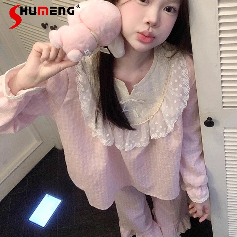 

Palace Style Lace Homewear Set Floral for Women Spring Autumn Style Pure Cotton Pajamas Female Japanese Linen Sweet Underwear