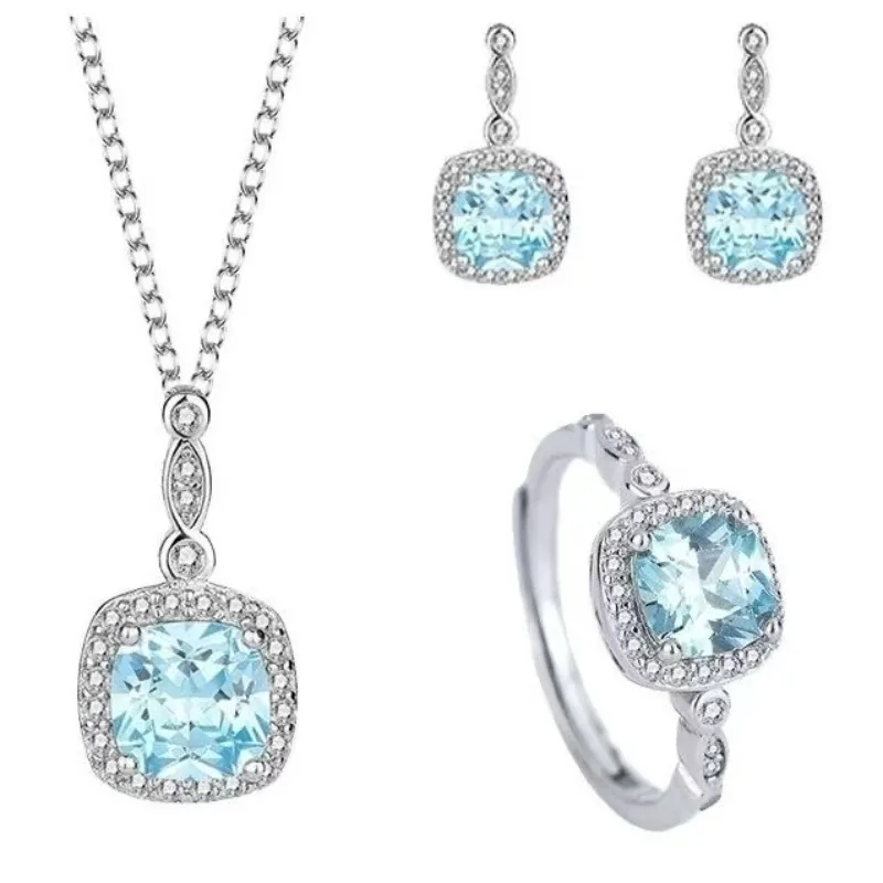 Women Light Blue Geometric Zircon Jewelry Set 3Pcs Elegant Clavicle NecklaceEarrings Ring Versatile Daily Party Gift Accessories