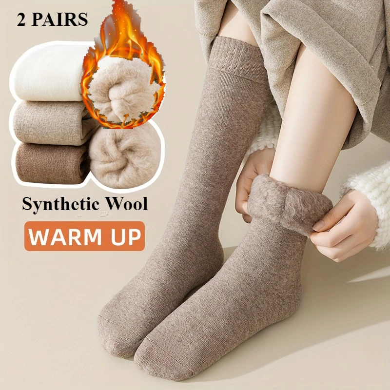 2 Pairs Cozy Plush Fleece Lined Calf Socks Women Warm Thick Women Stockings Hosiery Fuzzy Thermal Winter Socks