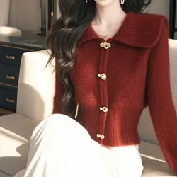 Women Autumn Winter Korean Simplicity Button Red Turn-down Collar Knitting Women Clothes All-match Loose Cardigan Long Sleevetop