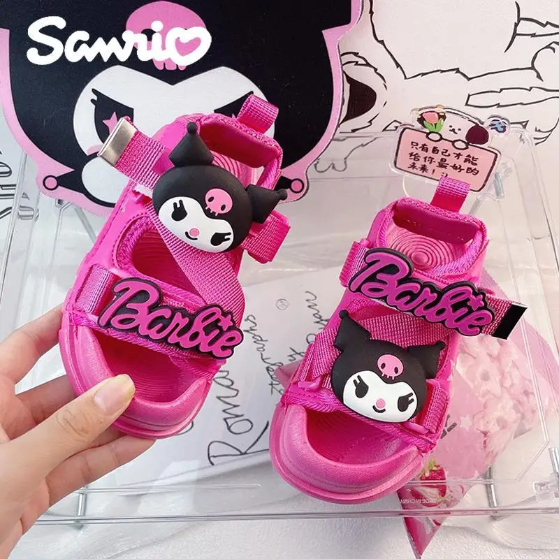 Anime Kawaii Sanrios Kuromi Summer Hollow Cartoon Velcro Kids Baotou Girls Sandals Soft Bottom Students Casual Beach Shoes Gift