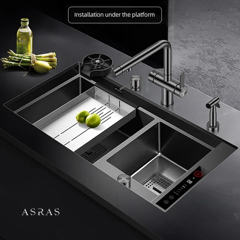 

English Panel Ultrasonic Smart Purifying Kitchen Island Sinks 304 Stainless Steel Handmade Double Sink Smart Purifying Sinks