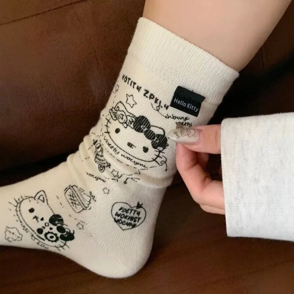 Hello Kitty Socks Miniso Cartoon Pattern Embroidered Breathable Soft Mid Length Socks Cute Autumn Winter Pure Cotton Stockings