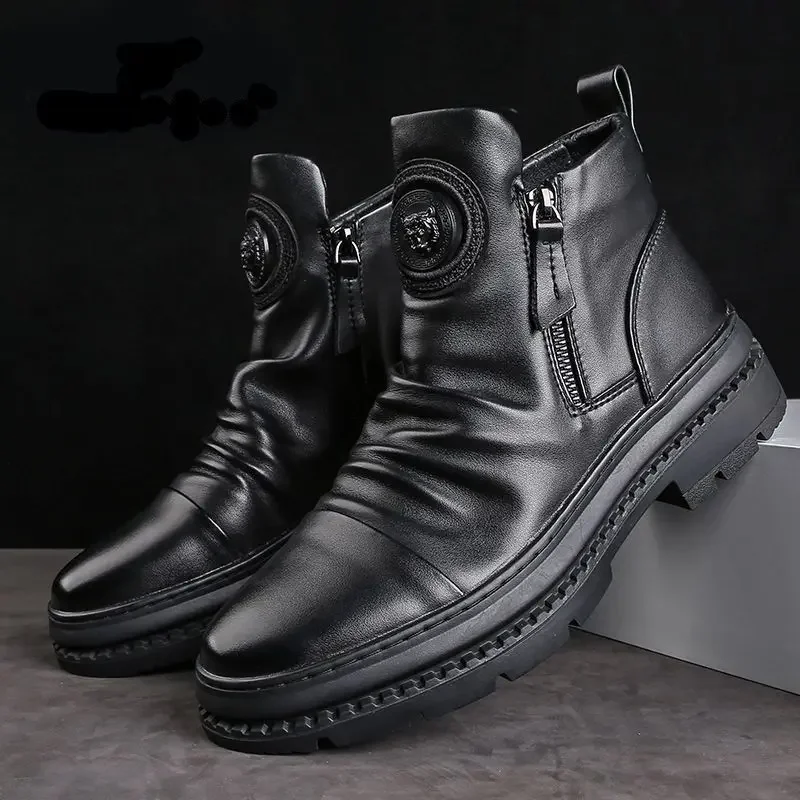 Men's Motorcycle Leather Boots British Style Round Head High Top Shoes Side Zip Walking Casual Platform Boots Moto Street Gear