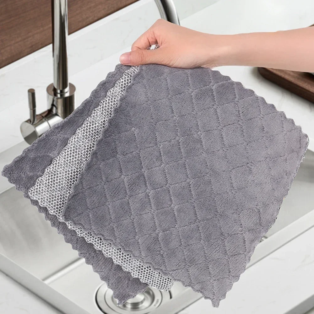 20cm Double-layer Cleaning Cloth Non-stick Oil Kitchen Towel Diamond Shape Microfiber Steel Wire Pot Washing Rags Mesh Dishrag