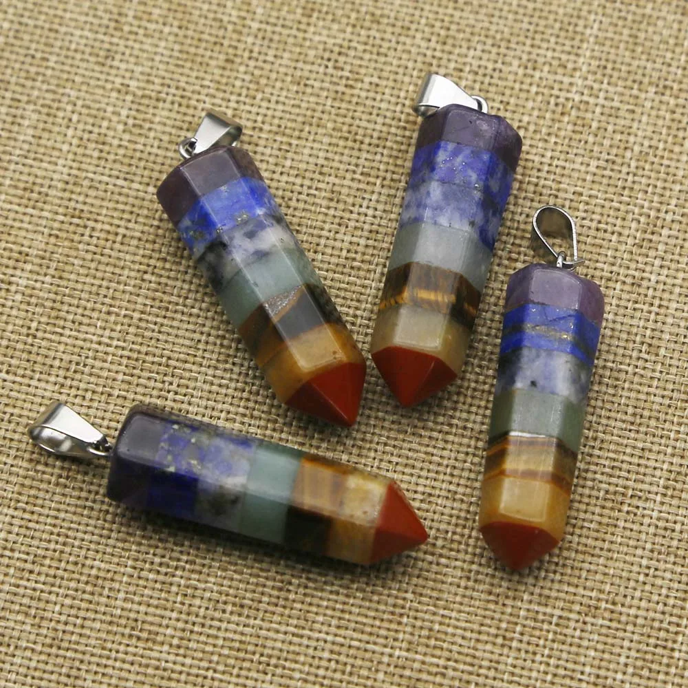 New Natural Stone 7Chakras Hexagon Pillar Necklace Pendant Mineral Healing Charm Fashion Jewelry Accessories Gift Wholesale 4Pcs