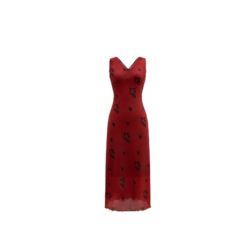 Robe rouge camélia pour femmes, tenue longue de bonne qualité, col en v, taille cintrée, patchwork imprimé