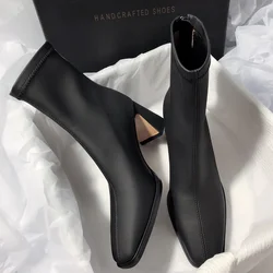 Square Ankle Boots Autumn Comfortable Soft Leather High Heel Boots Women's Fashion Zipper Simple Temperament Women's Shoes