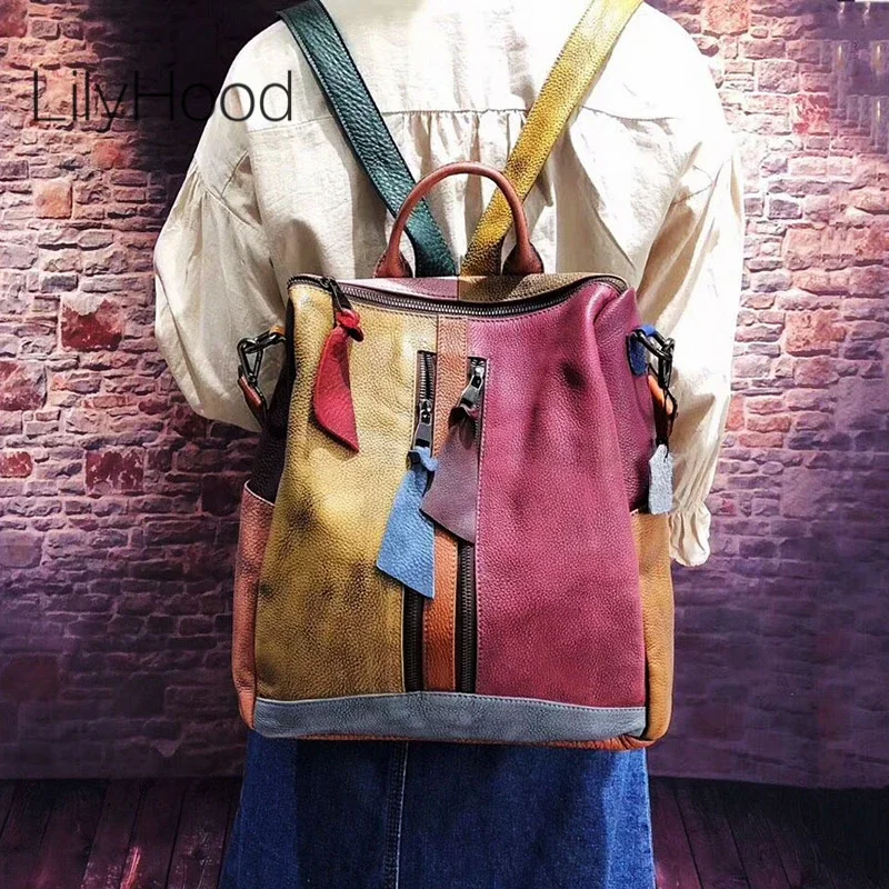Duży damski plecak vintage ze skóry bydlęcej 2026, podróżny, casualowy, retro, wysokiej jakości, z prawdziwej skóry, patchworkowy, o dużej pojemności.