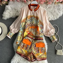 Women Printed Two Piece Set Retro Chic Spring Fragmented Flower Shorts+Long Sleeve Shirt Top Elegant Suits Spring Summer Outfits