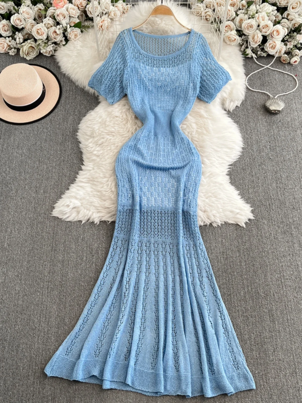 Retro Hollow out Knitted Dress Women's Summer New Style Elegant Waist Cinching Slimming Midi A-Line Fish Tail Skirt