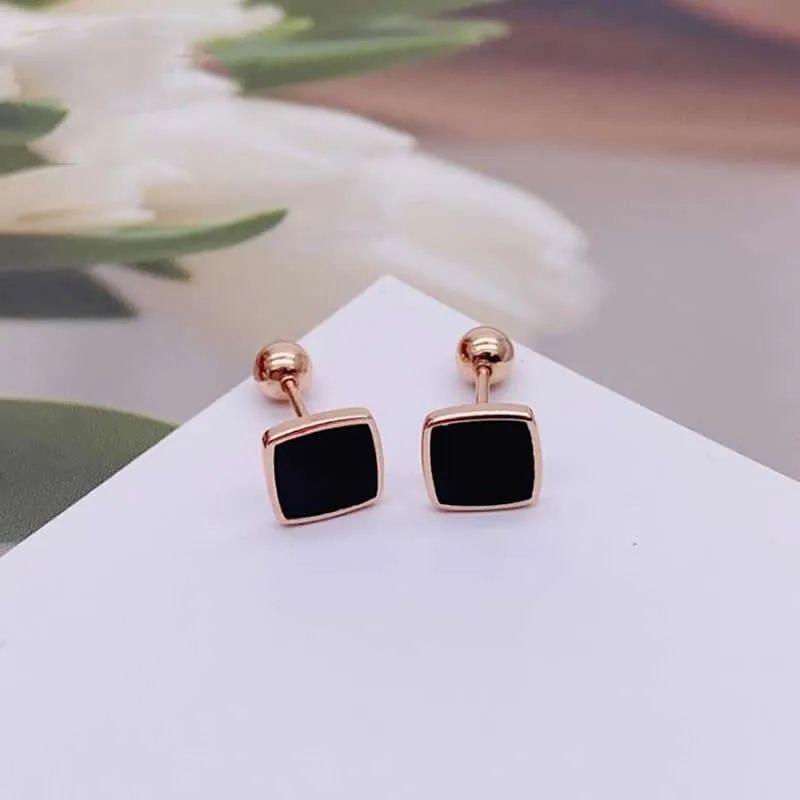 

Fine Gold 18K Rose Gold Earrings Women AU750 Gold Black Agate Square Stud Earrings