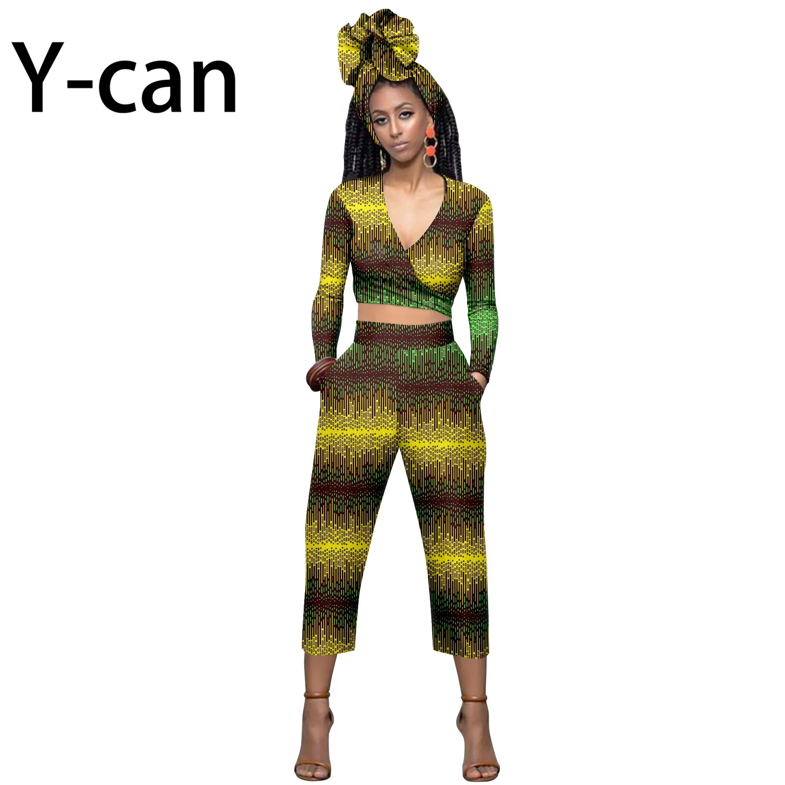 

African Clothes for Women Dashiki Ankara Print Set V-neck Top Bare Midriff Shirt and Pants Match Headwrap Bazin Riche Y2326004