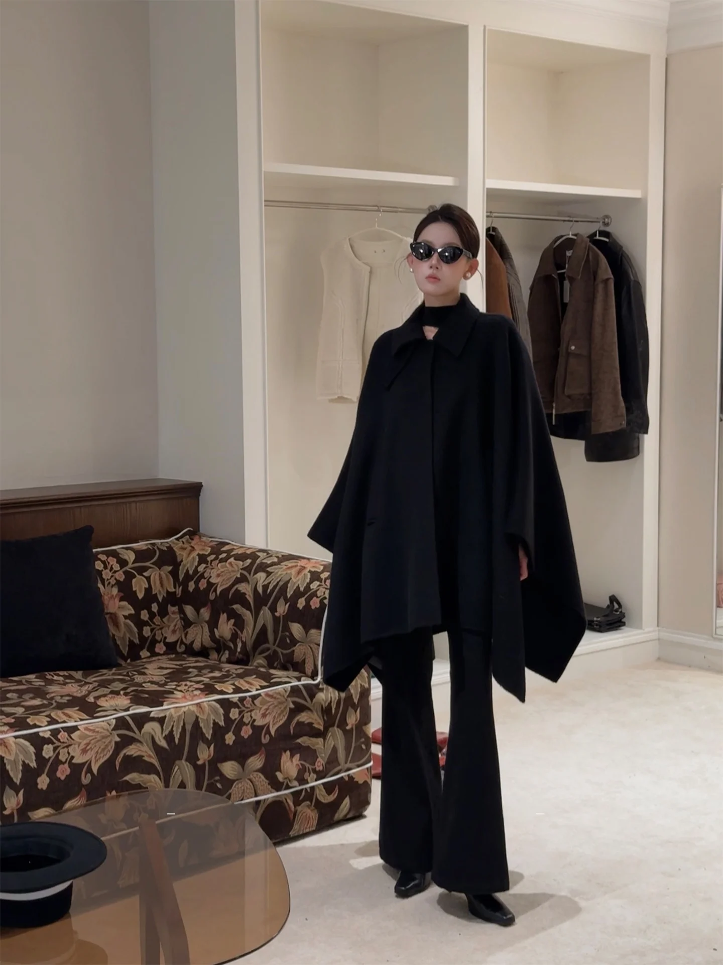 

LUHE Bla Irregular Woolen Double-Faced Coat Women's Cowl Ne Jaet Asymmetrical Hemline Long Sve Mid-Length Coat