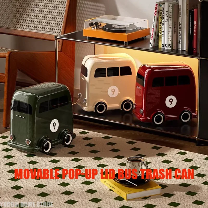 Wheeled Bus-Shaped Trash Can Narrow Design Large Capacity Removable Lid Bin, Bathroom Home Storage Wastebasket