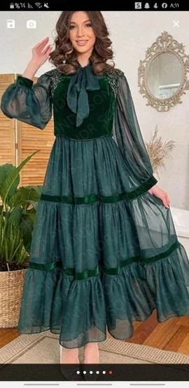 

OLOEY Vintage Royal Green A Line Evening Dresses Long Sleeves Velvet Top Silk Organza Ankle Length Formal Party Gowns