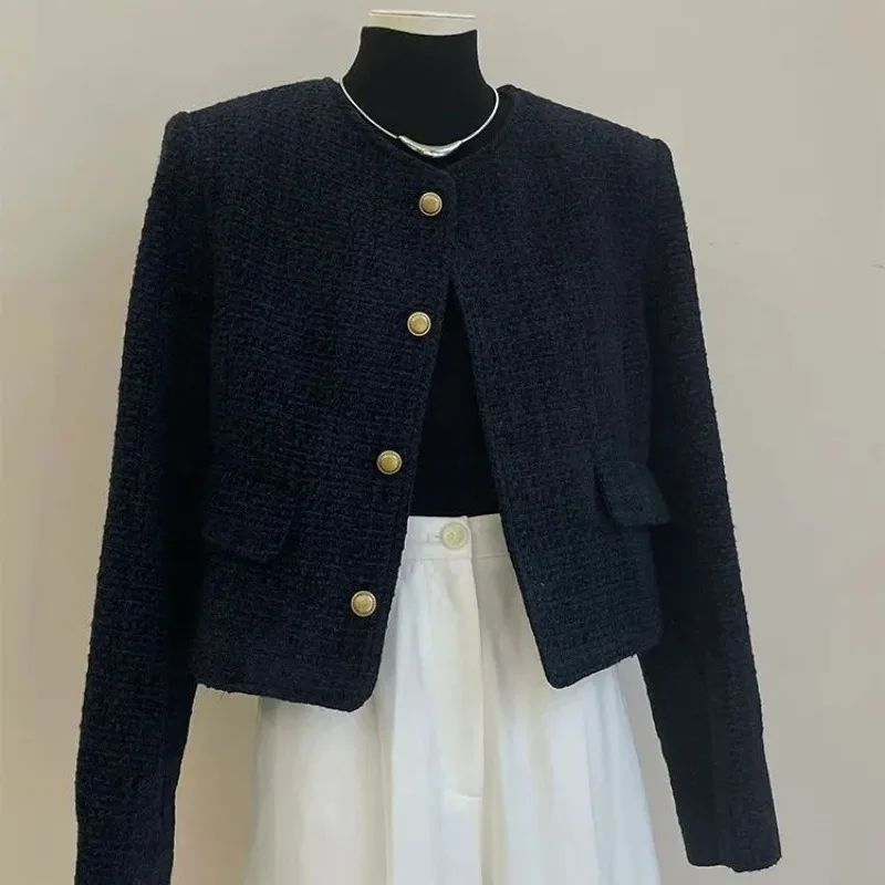 Black  Short Women Autumn Winter Advanced Sense Tweed Woolen Coat Temperament Ladies Outwear Tops