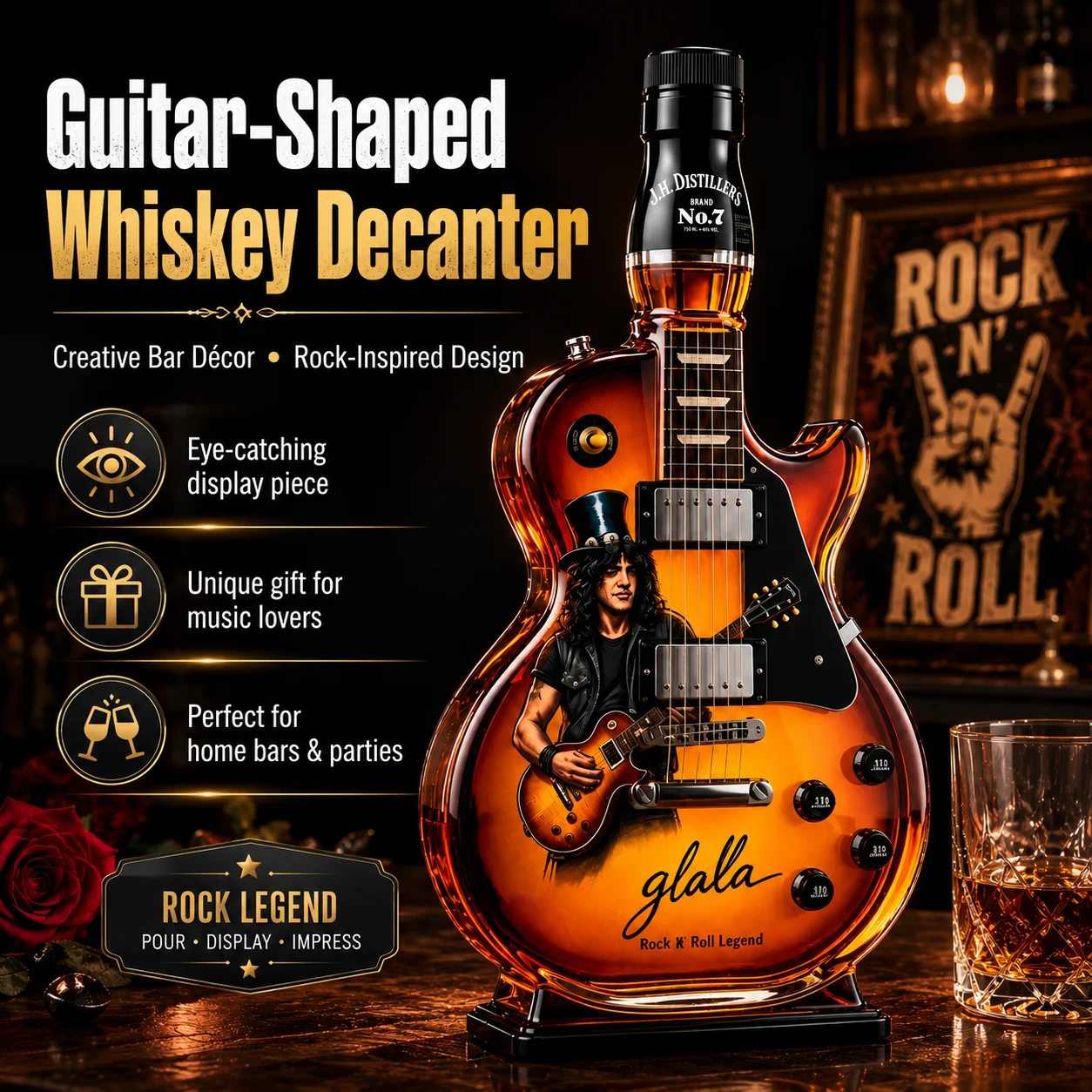 Guns N' Roses Slash Style Guitar Whiskey Decanter, Unique Shaped Liquor Bottle for Rock Fan & Whisky Enthusiast