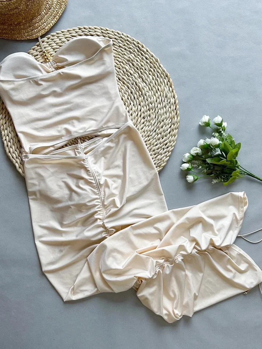 Solid Color One Piece Swimsuit High Waist Hollow Out Drawstring Wrinkle Dress Bikini Monokini Beach Vacation Swimwear 2025 New