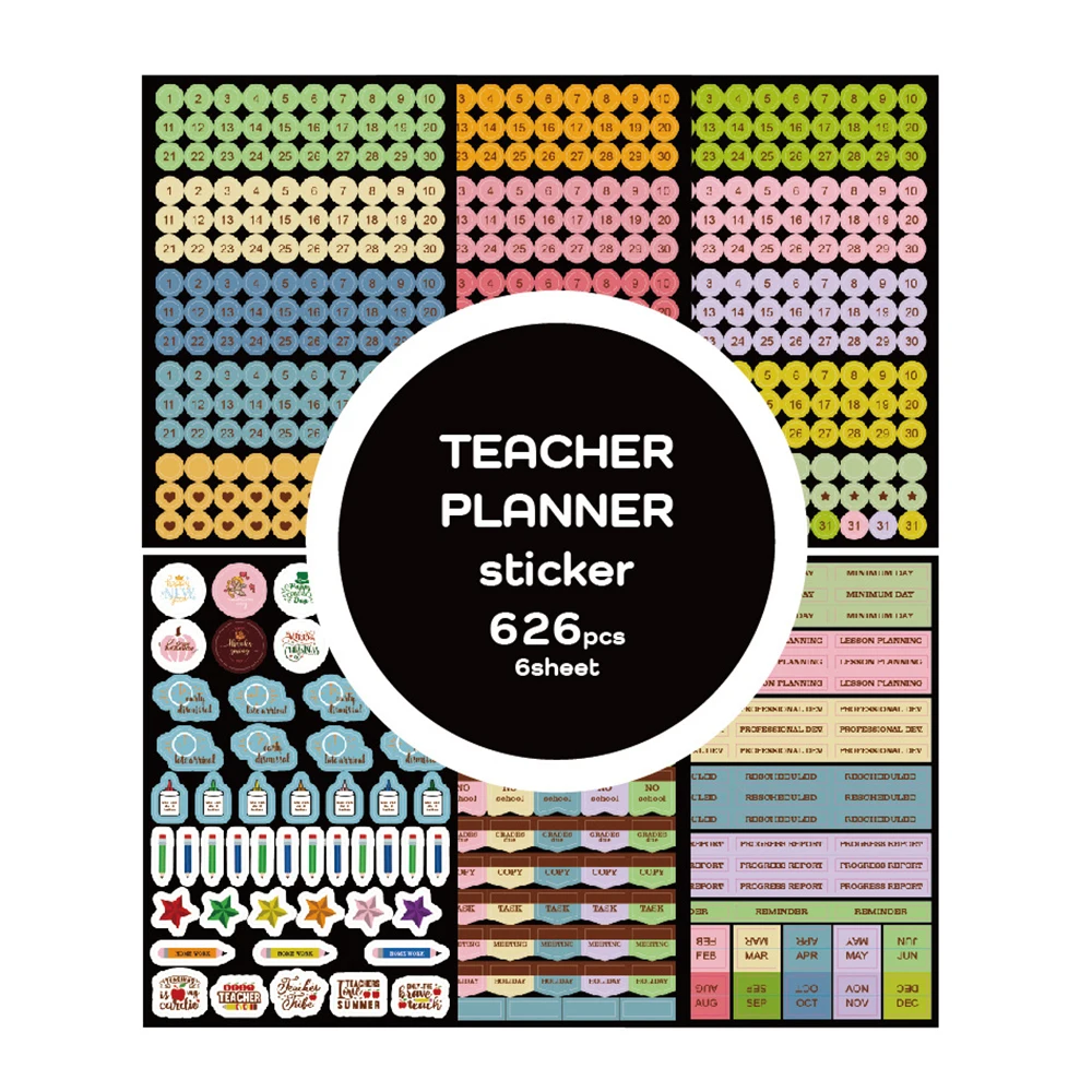 6 Sheets/626Pcs Teacher Theme Planning Stickers DIY Scrapbooking Diary Handbook Decorative Material Stickers Stationery