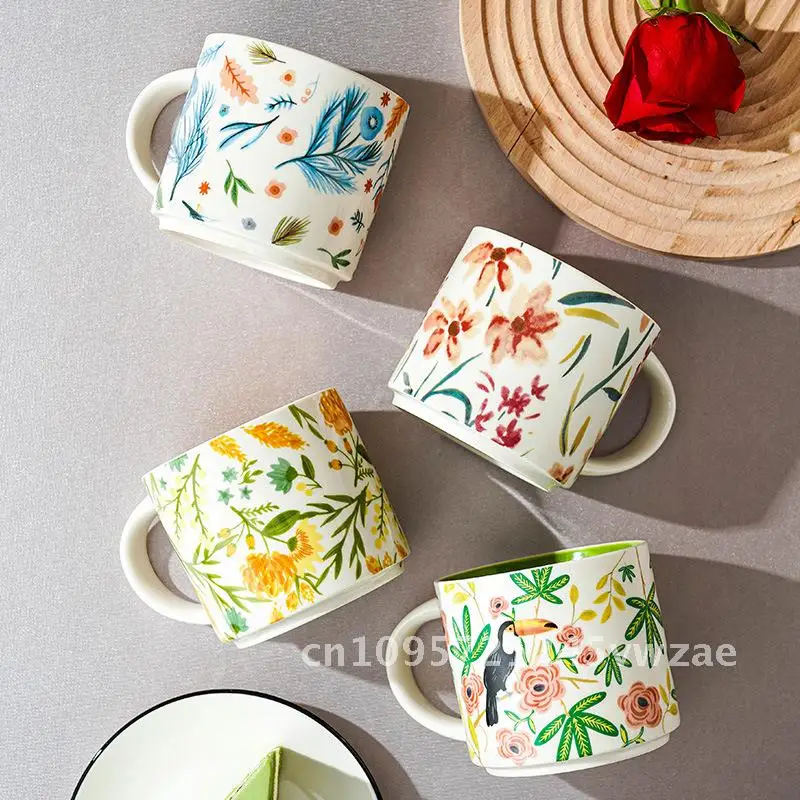 High Color Value Flower Color Glaze Ceramic Mug Mug Household Large Capacity Breakfast Cup
