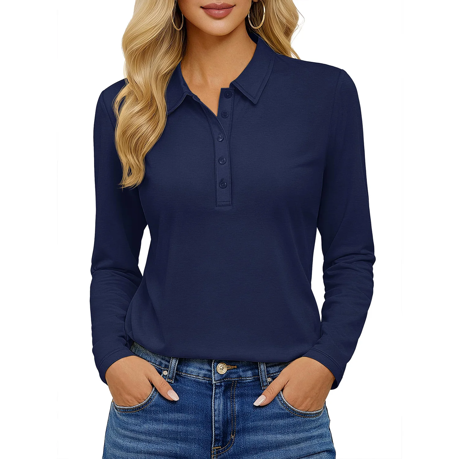 TACVASEN Polo à manches longues et 5 boutons pour femme - Col en V - Haut en mélange de coton - T-shirt de golf décontracté avec fente latérale