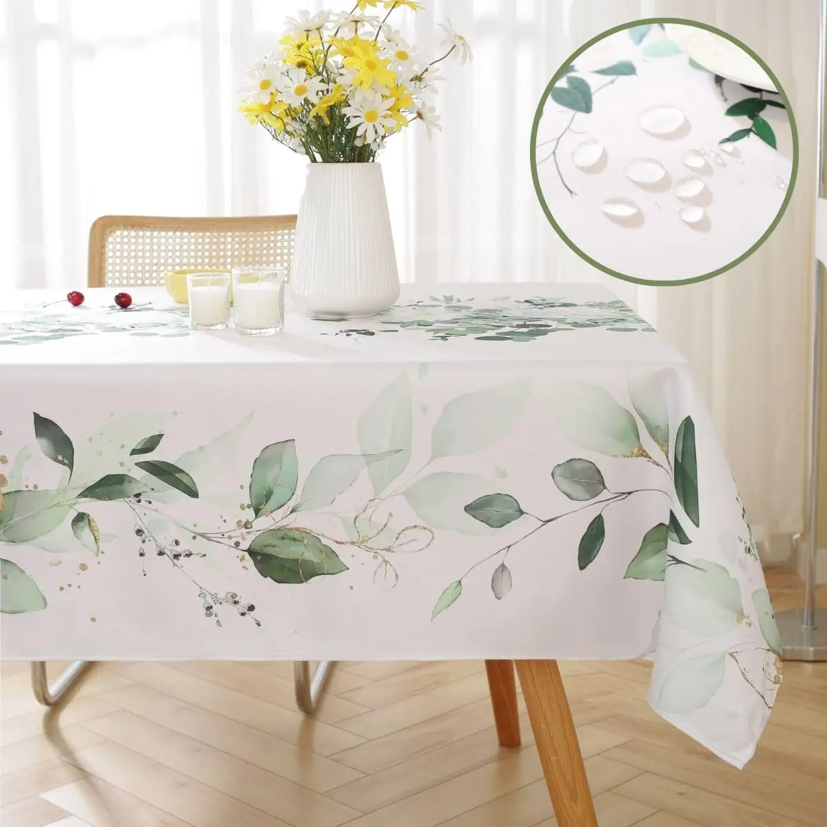 Mantel rectangular de primavera y verano para decoración de mesa, hojas de eucalipto en acuarela, mantel para mesa de cocina y comedor, decoración para fiestas navideñas