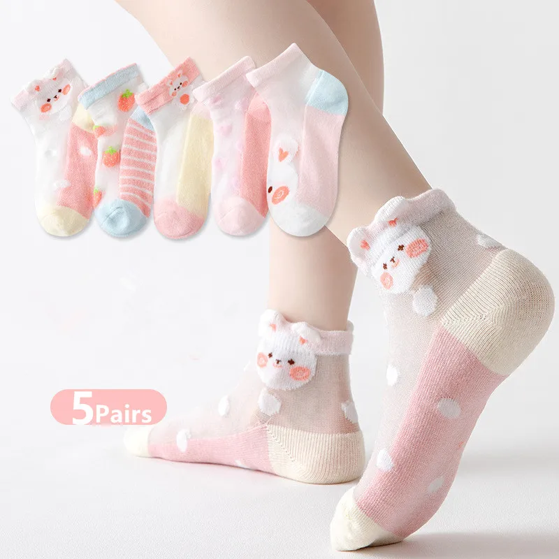 5 Paar/Set Sommer Weiche Baumwoll-Mädchensocken Atmungsaktive Kinder-Kurzsocken Spitzen-Prinzessinnen-Netzsocken mit Cartoon-Motiven