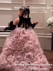 Cute Black Pink High Neck A-Line Tiered Tulle Flower Girl Dresses Kids Birthday Party Prom Gowns for Children Bows