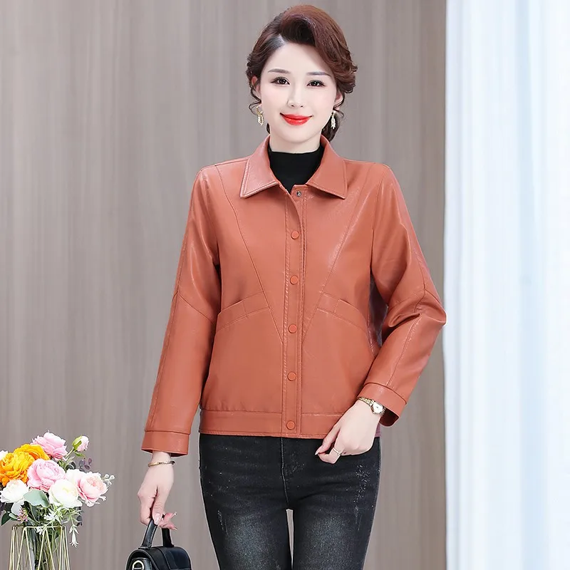 New Coat Women Spring Autumn New Korean Outwear Slim Middle-Aged Elderly Leather Jacket PU Leather Coats Female shortTop