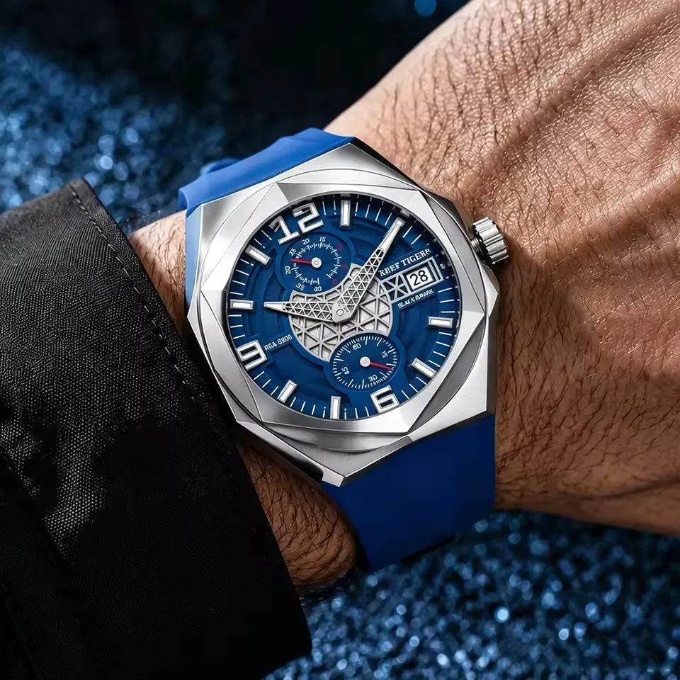 Reef Tiger RT Men's Automatic Mechanical Watch Sport Waterproof Multifunction Calendar Display Rubber Strap Stainless Steel Case