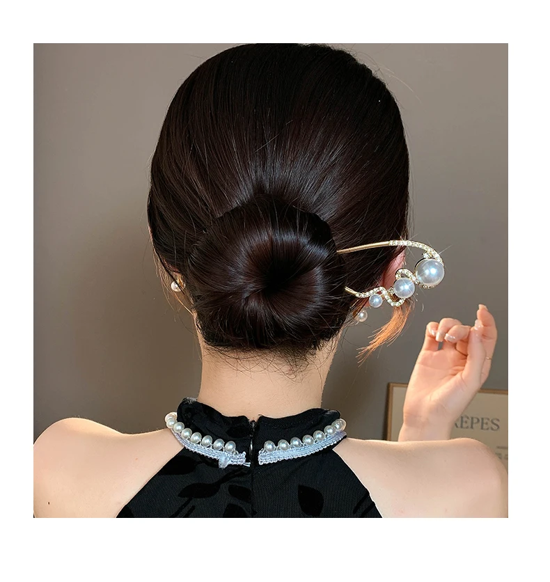 VANIKA Neue modische U-förmige Haarspangen aus Metall, elegante Perlen-Pferdeschwanz-Haarnadeln für Damen, schlichte Haarspangen, Kopfschmuck, Haaraccessoires – Detail 13
