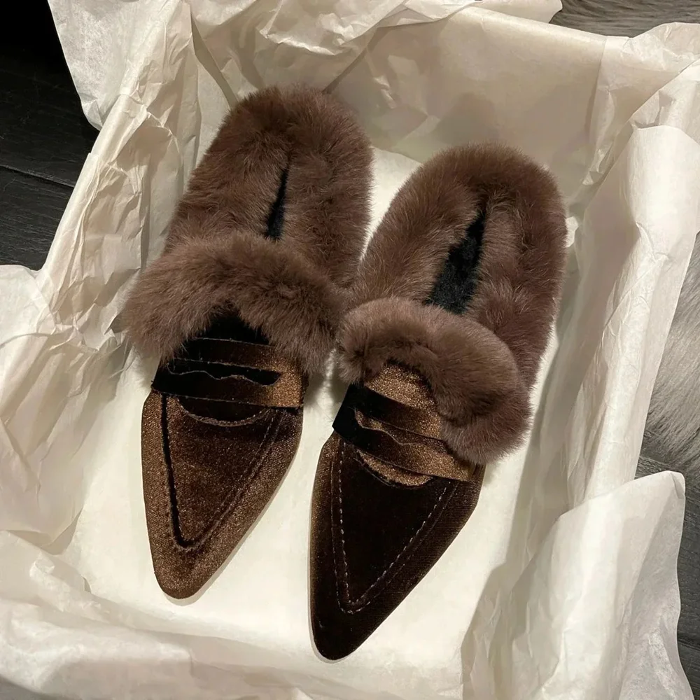 

Warm Brown Velvet Mules with Faux Fur Trim Pointed Toe Chunky Heels Soft Plush Finish Lady Shoes for Winter Casual Indoor Looks