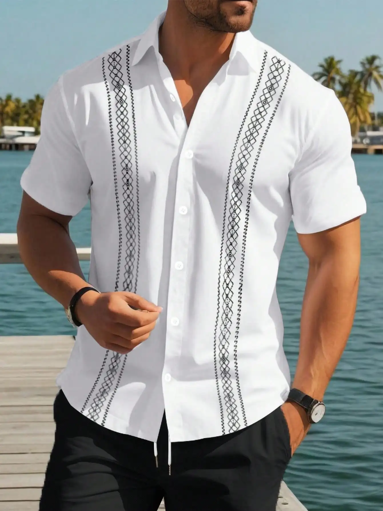 

Men's White Short Sleeve Embroidered Casual Shirt for Summer