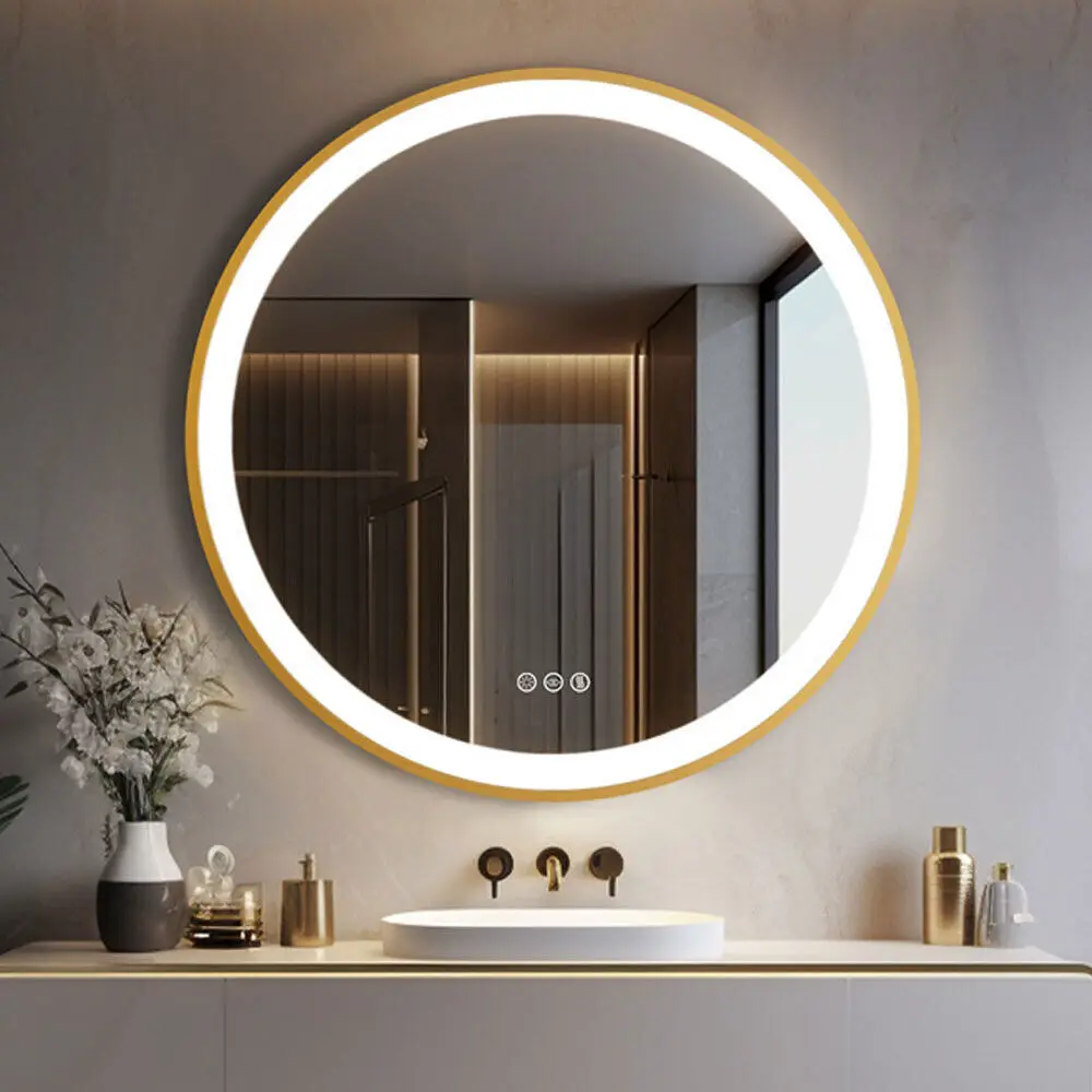 Bathroom Mirror with LED 60/80cm Round Illuminated Wall Mirror Aluminum Gold Frame Anti-fog 3 Lighting Color Memory Function