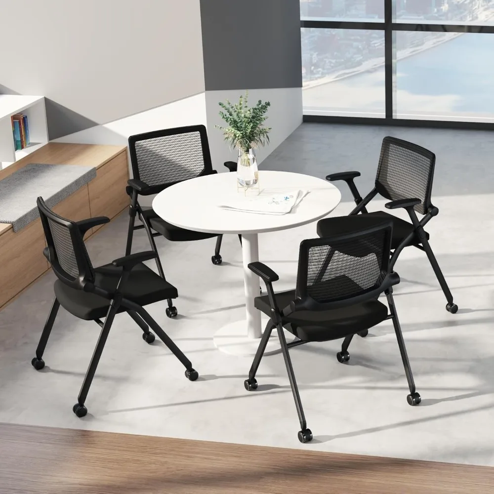 Juego de 2 sillas de oficina plegables con ruedas de PU, respaldo hinchable de malla ergonómica, silla apilable para sala de conferencias, entrega rápida
