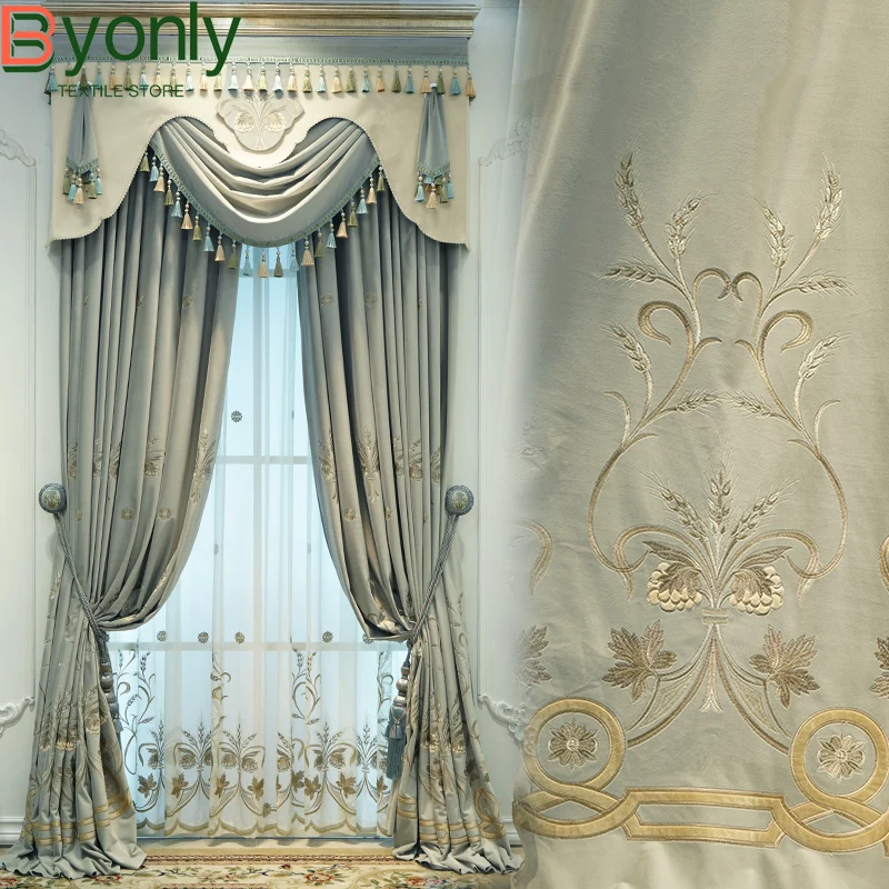 High-end Grey Blue Embroidered Flannelette Thickened Blackout Curtains for Living Room Bedroom Villa French Window Customized