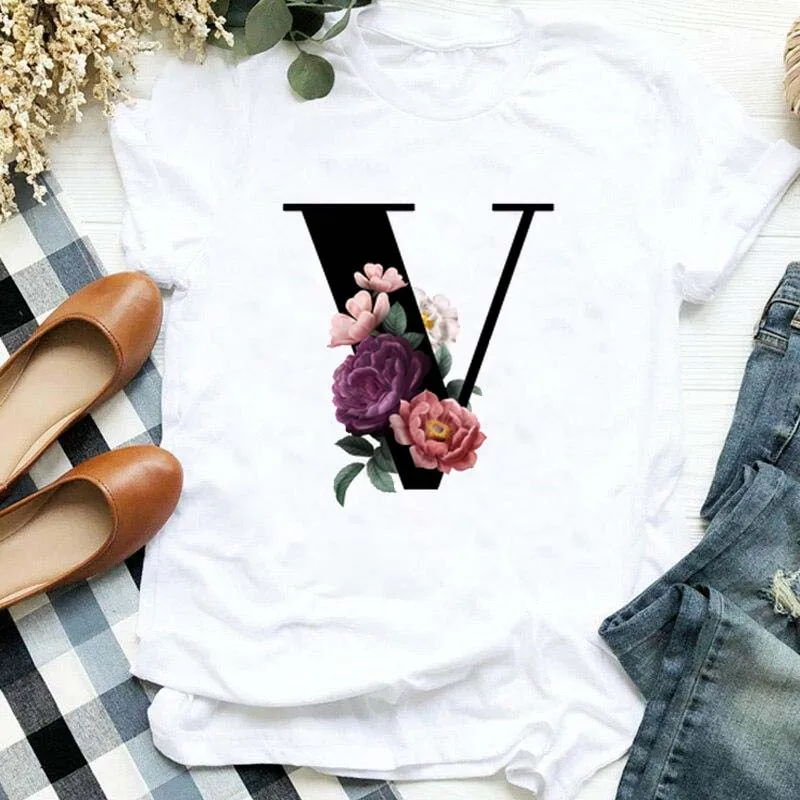 Name Letter Combination Women's High Quality Print T-shirt Flower Letter Font A B C D E F G Short Sleeve Female Tshirt
