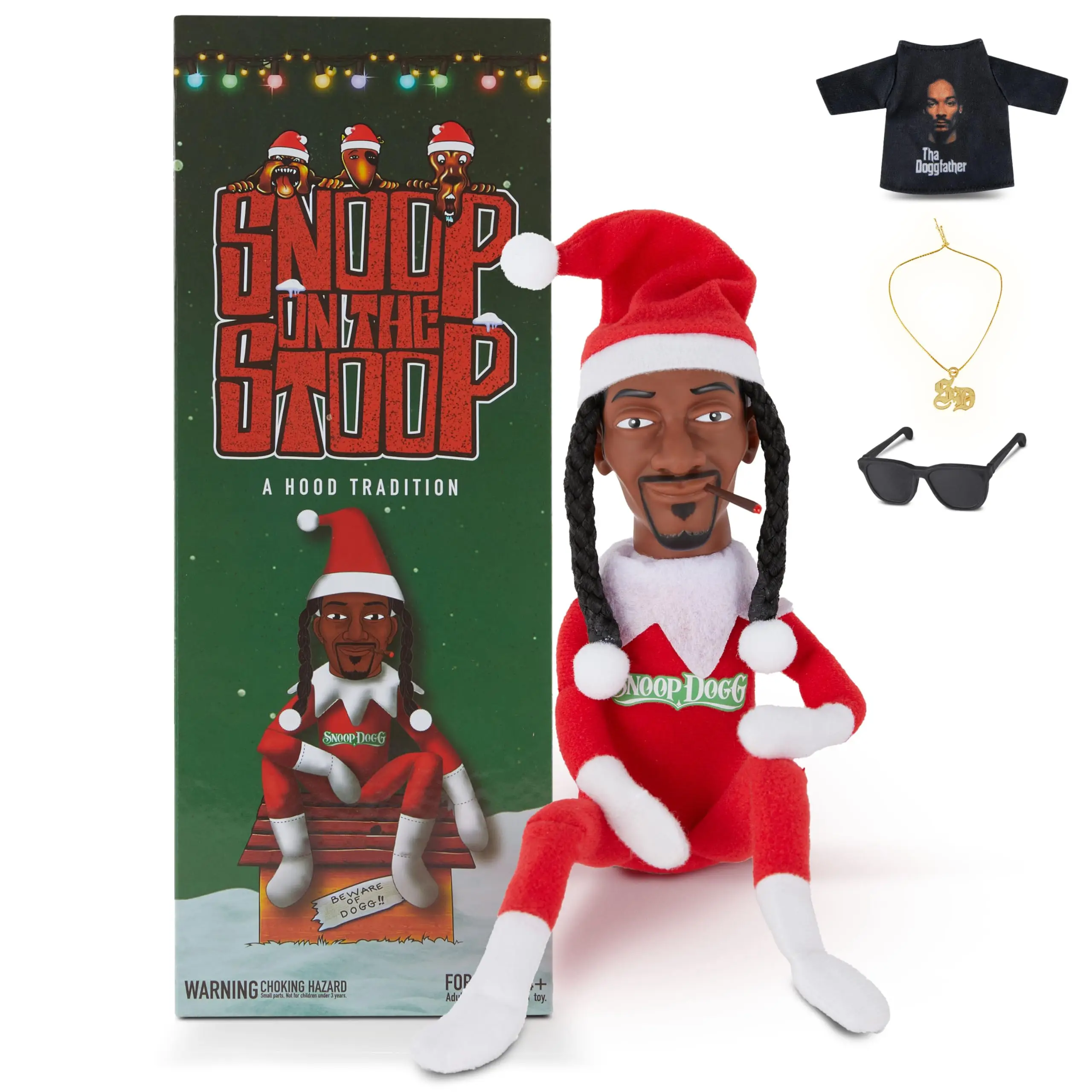 Snoop Dogg Snoop on a Stoop Christmas Elf Doll Includes Extra Tshirt, Sunglasses and Necklace, Christman Gifts for Men & Women