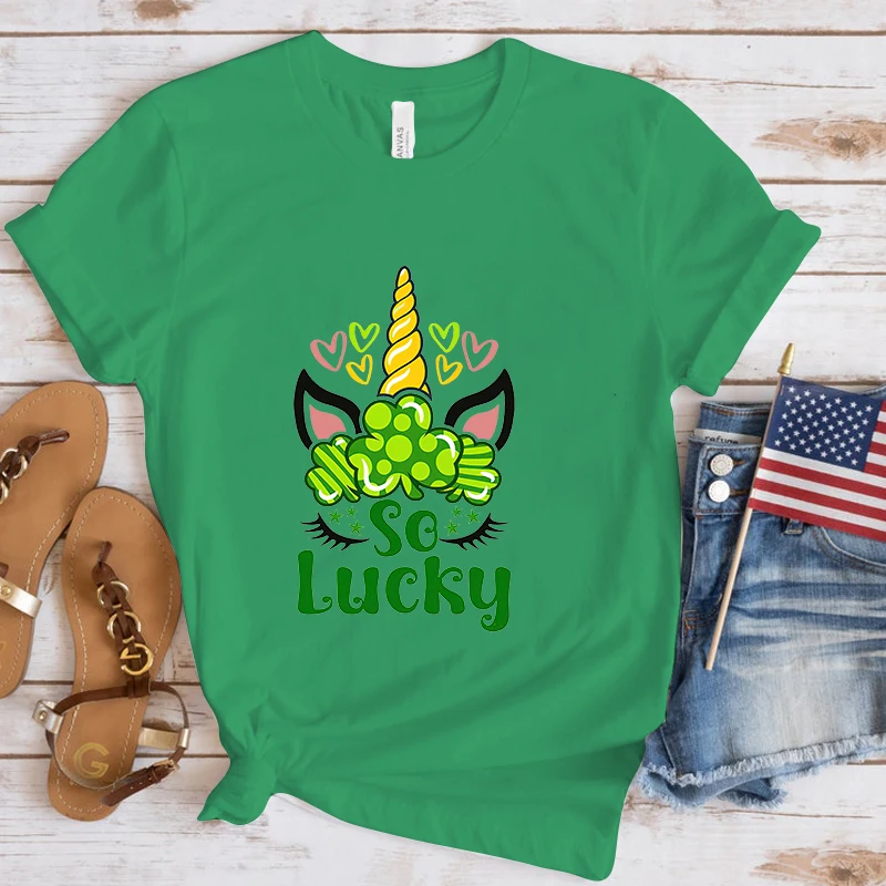 St. Patrick'S Day Unicorn So Lucky Printing T-Shirt Fashion Unisex Short Sleeve Summer Cool Hip Hop Top Tee