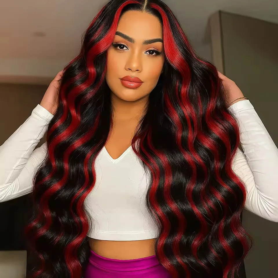 1B/99J Omber Black With Red Highlight Lace Front Closure Body Wave Glueless Wigs 5x5 Human Hair Brazilian Burgundy Colored Wigs