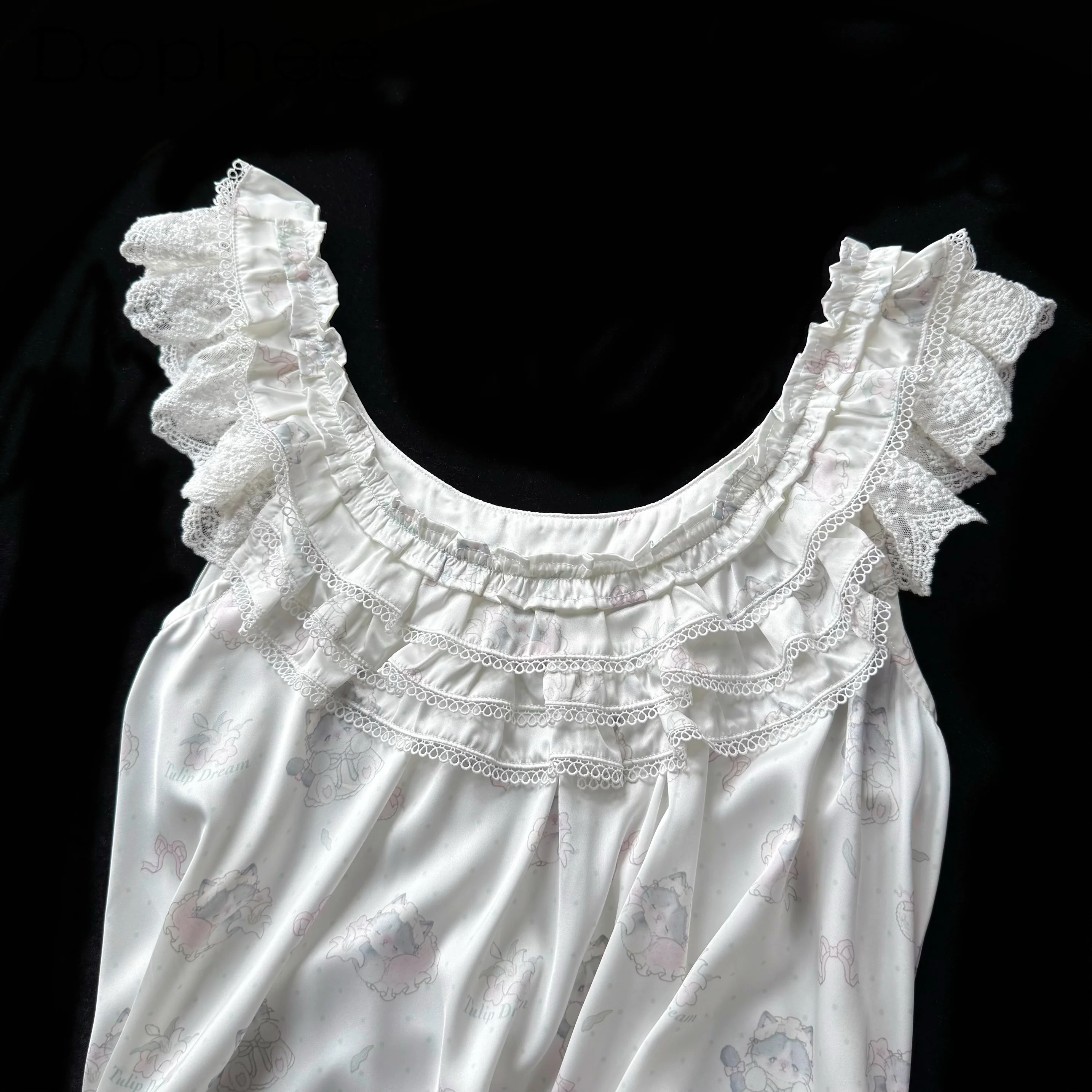 2025 summer new ice silk lace nightdress women's sweet girl cute pajamas cartoon print cool casual loose loungewear